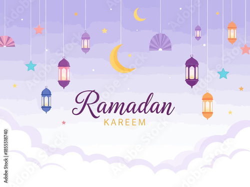 Elegant Ramadan Kareem greeting illustration with hanging lanterns, crescent moon, stars, and soft pastel clouds, symbolizing Islamic faith, spirituality, celebration, and the holy month of Ramadan.