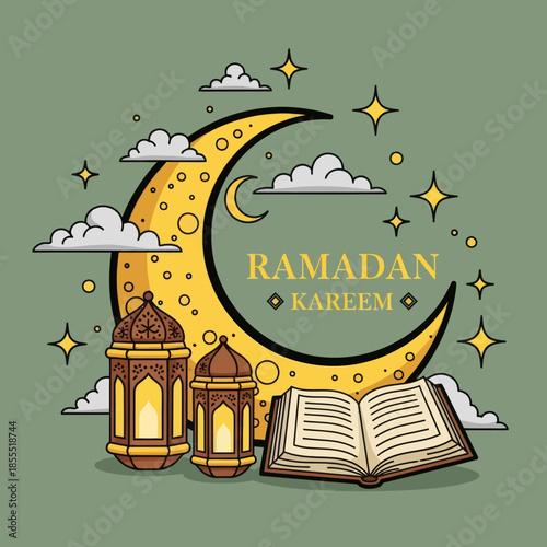 Ramadan Kareem illustration with crescent moon, glowing lanterns and open Quran on a soft green background, ideal for Islamic holiday greeting, poster, banner, and social media design.