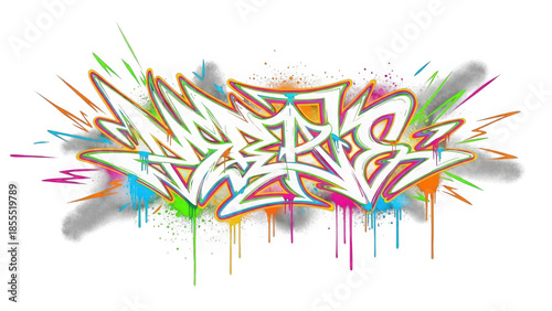 colorful graffiti art with white letters and paint splatters