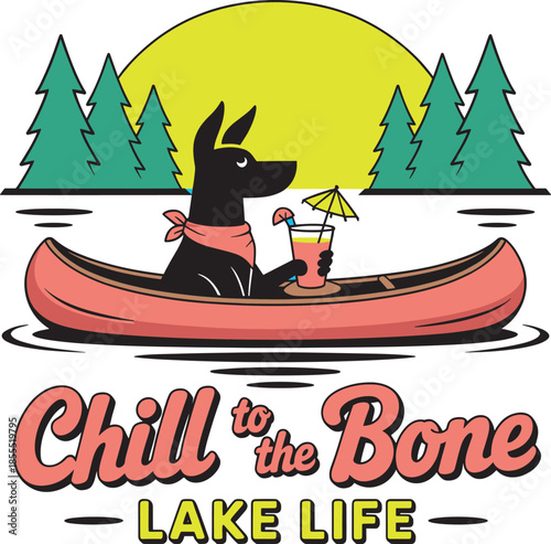 Black dog in canoe with drink and lake life text cocktail