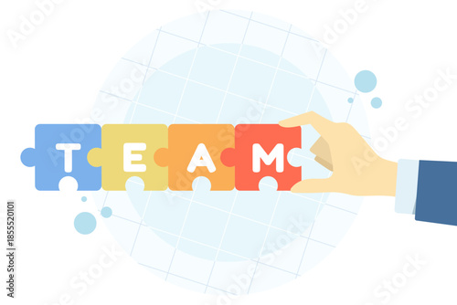 Hand holding jigsaw puzzle with word team. Vector illustration for join our team concept, recruitment banner, landing page, and social media hiring post.
