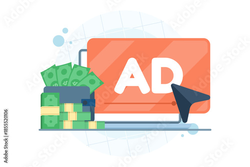 PPC advertising concept with cursor clicking banner ad. Vector illustration for pay per click marketing, paid campaigns, business investment, and brand promotion.
