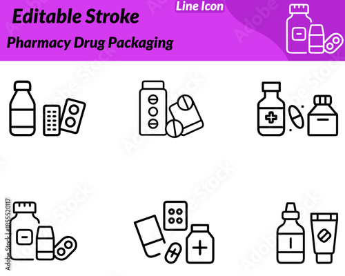A modern pharmacy drug packaging icon featuring medicine boxes. Blister packs pill bottles arranged neatly. Designed clean minimal lines to represent pharmaceuticals medication packaging healthcare.