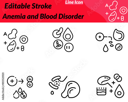 A modern anemia and blood disorder icon featuring a blood drop symbol combined. Medical elements such as a warning sign test tube heartbeat line. Designed with clean minimal lines to represent blood.