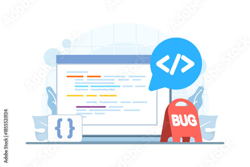 Bug reporting process concept with bug tracking system. Vector illustration for debugging workflow, software testing, issue tracking, and code quality improvement.