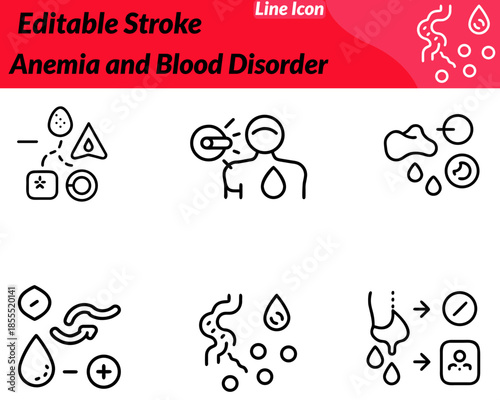 A modern anemia and blood disorder icon featuring a blood drop symbol combined. Medical elements such as a warning sign test tube heartbeat line. Designed with clean minimal lines to represent blood.