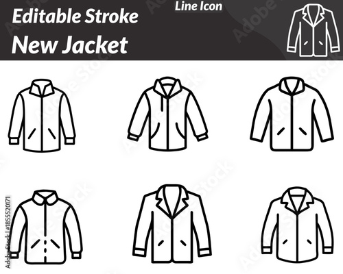 A minimalist new jacket icon showing a neatly designed jacket with a collar sleeves and front closure. Clean smooth lines represent fashion apparel new arrivals seasonal clothing, and modern style.