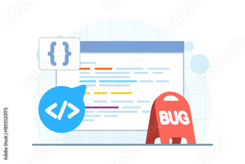 Software bug reporting and fixing process concept. Vector illustration for debugging, issue tracking system, and improving digital product quality.