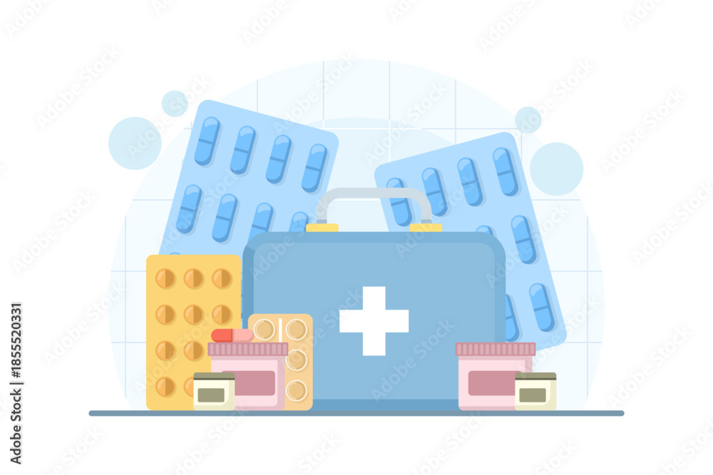 Fototapeta premium Medicines with boxes containing pills and tablets. Vector illustration for pharmacy, healthcare treatment, medical supplies, and pharmaceutical concepts.