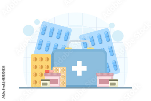 Medicines with boxes containing pills and tablets. Vector illustration for pharmacy, healthcare treatment, medical supplies, and pharmaceutical concepts.
