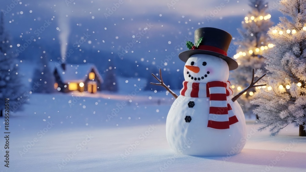 Obraz premium cheerful snowman wearing a top hat and striped scarf stands in a snowy winter wonderland with a cozy illuminated house and Christmas tree in the background.