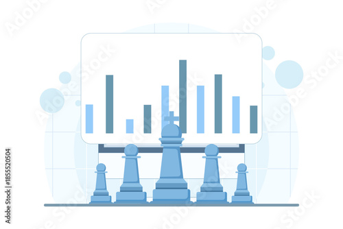 Business strong leadership concept with line graph on screen, chess king and soldier on isolated background. Strategy, management, growth, success, and digital marketing illustration.
