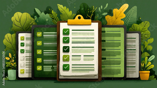 Environmental compliance checklist graphic imagery showing regulatory requirement cues, documentation clarity indicators, sustainability adherence messaging, and structured list format supporting