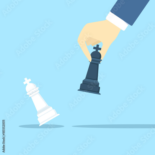 Business strategy concept with a strategist holding a black chess king. Symbol of planning, leadership, management, and victory in competition. Flat vector illustration.