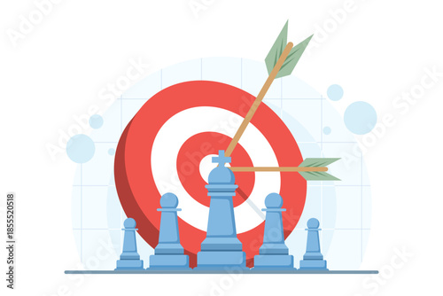 Business strong leadership concept with chess king and soldier, arrow hitting target on isolated background. Strategy, management, success, growth, and digital marketing illustration.
