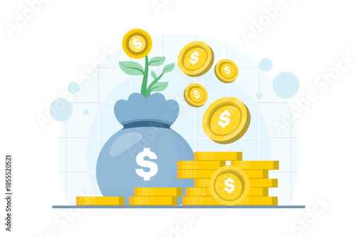 Money growing concept with young plant sprouting from a gold coin on isolated background. Digital marketing illustration for investment growth, finance, and wealth building.