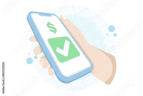 Checking money online on mobile phone held by human hand on isolated background. Digital marketing illustration for online banking, finance app, payment, and fintech concept.