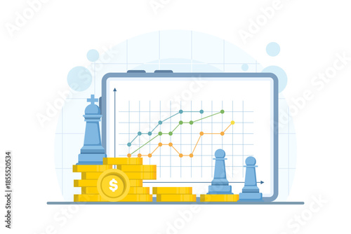 Digital financial growth concept with chess king, tablet, and gold coin on isolated background. Vector illustration for online finance management, investment, and digital marketing.