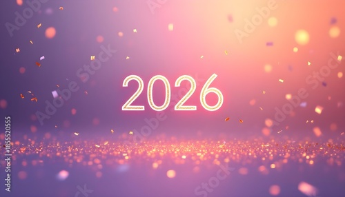 Wide gradient background featuring glowing 2026 number with gold confetti purple tones calm luxury celebration cinematic minimalist design finish poster