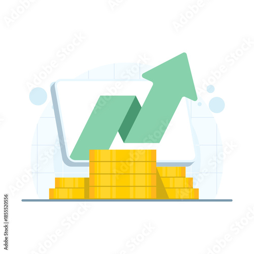 Gold coin growing with upward arrow on isolated background. Digital marketing illustration for financial growth, profit increase, investment success, and business performance.
