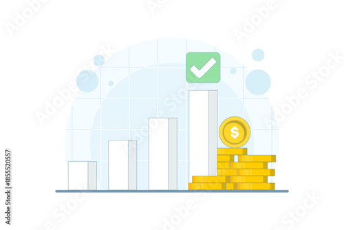 Financial growth step bar with check mark and gold coin on isolated background. Digital marketing illustration for success, profit increase, business achievement, and investment growth.