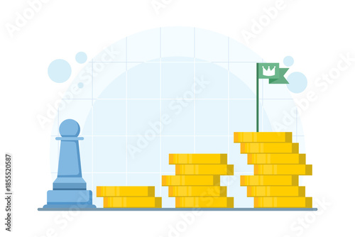 Chess pawns and stacked gold coins symbolize step by step financial strategy and planning. Isolated background illustration for investment planning, business growth, and digital marketing.
