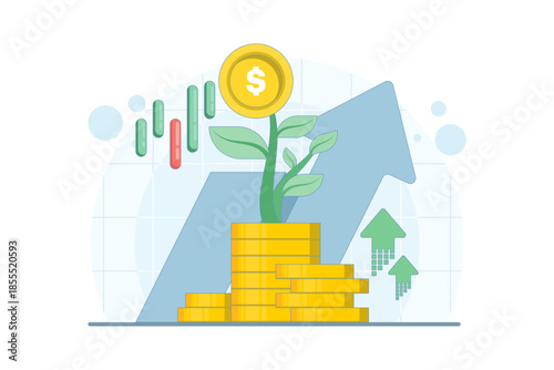 Financial growth to the future concept with young plant, upward arrow, and gold coin on isolated background. Digital marketing illustration for investment growth, profit, and business success.