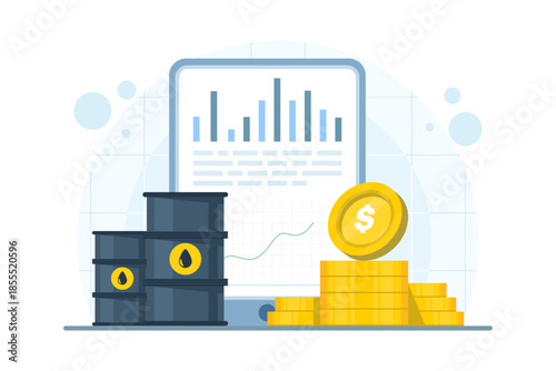 Global oil barrel trading market with oil barrel, gold coin, and tablet on isolated background. Digital marketing illustration for energy trading, commodity investment, and market analysis.