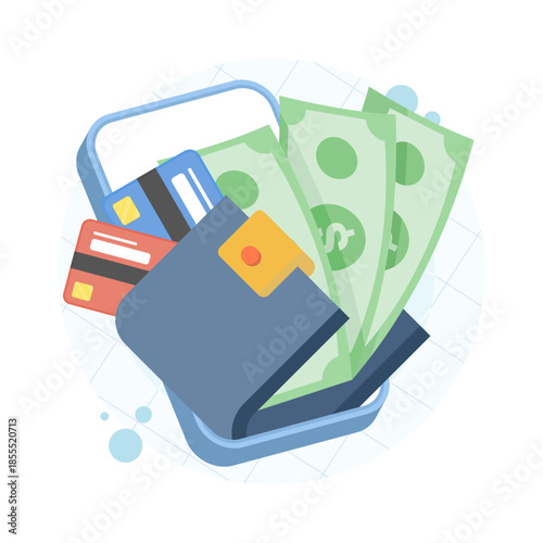 Digital payment concept illustration showing smartphone and wallet with payment cards and cash. Suitable for mobile payment, fintech, online banking, and financial technology themes.