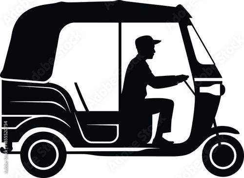 Black silhouette of man driving tuk vehicle