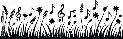 Black silhouette of grass flowers and musical notes
