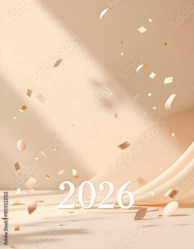 Cinematic wide background showcasing abstract confetti and blended 2026 number creating elegant gold celebration party invitation template design luxury event