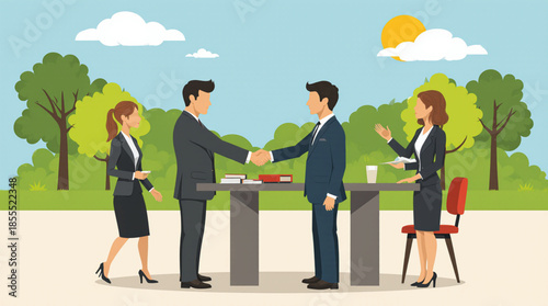 Business professionals shaking hands outdoors, symbolizing a successful partnership or agreement