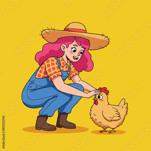 Funny cartoon cowboy farmer wearing a hat with a gun and pushing a cart in a playful illustrated style