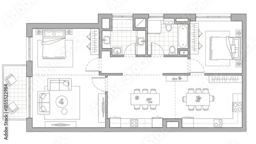 Modern Apartment Floor Plan with Two Bedrooms and Open Concept Living Area