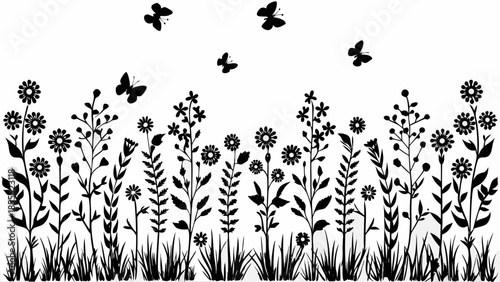 Black silhouette of butterflies flying over a field of flowers