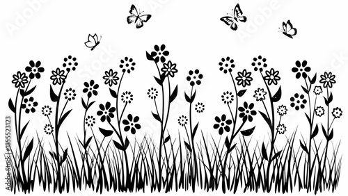 Beautiful black and white illustration of flowers and butterflies