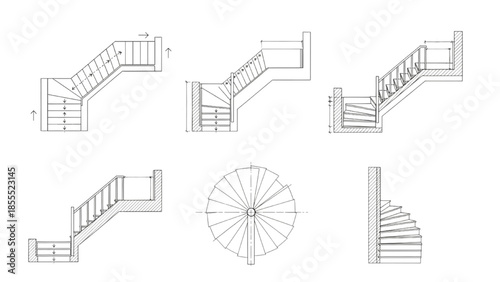 Detailed architectural blueprints illustrating various modern and classic staircase construction designs