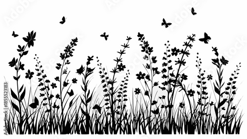 Whimsical black silhouette of flowers and butterflies in a serene meadow
