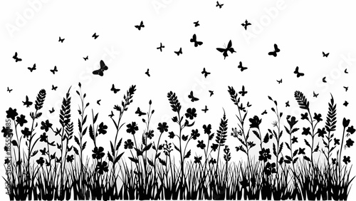 Black silhouette of butterflies flying over flowers and grass