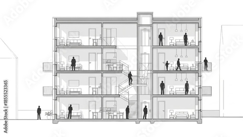 Architectural Section Drawing of a Residential Building with People Inside