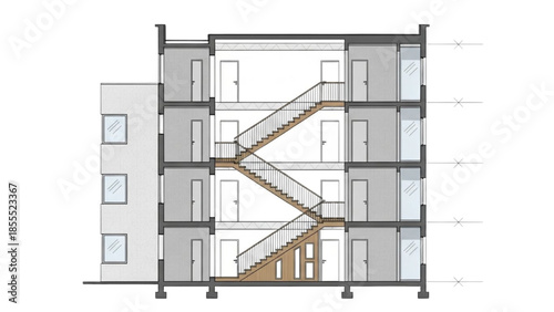 Detailed architectural cross-section illustrating multi-story building design with central staircase and floor layout