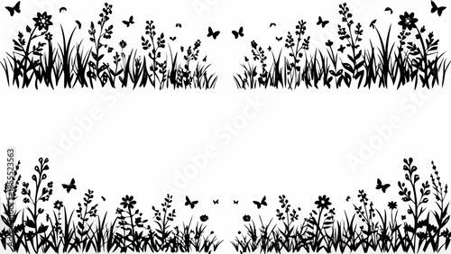 Elegant floral border with butterflies on white background