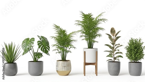 Collection of six diverse green houseplants in grey, white, gold, and concrete planters with some on wooden stands on a white background