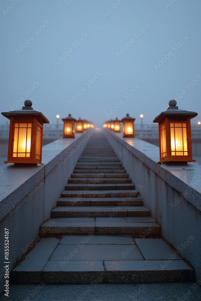 Obraz premium Grand symmetrical stairway with ceremonial entrance lanterns