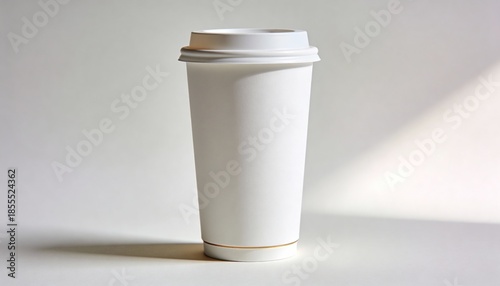 White blank disposable paper coffee cup with lid standing upright, shot from a straight-on eye-level angle using a 50mm lens