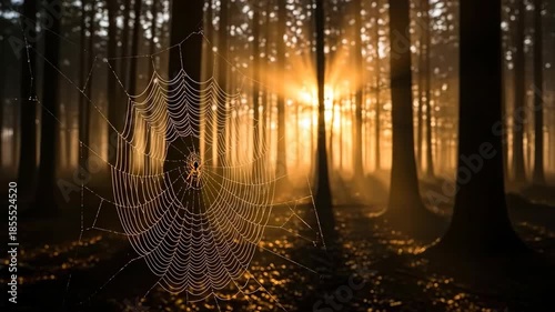 Spiderweb in forest bathed in warm sunlight, suitable for nature & Halloween