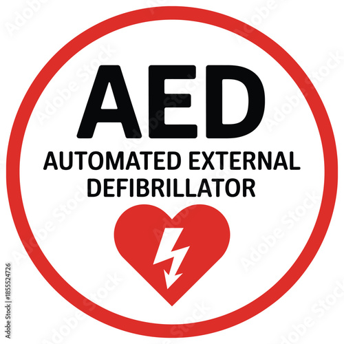 Automated external defibrillator AED symbol sign for safety, emergency medical assistance, public access lifesaving equipment identification, clear guidance, and universal healthcare signage design.