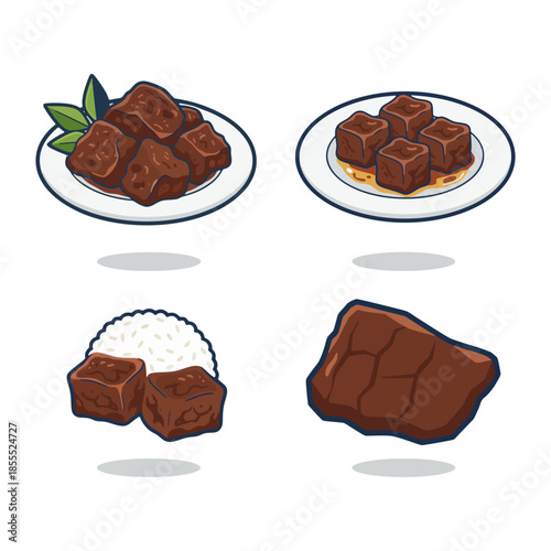 Indonesian beef rendang and spicy meat dishes served with rice plates illustration.