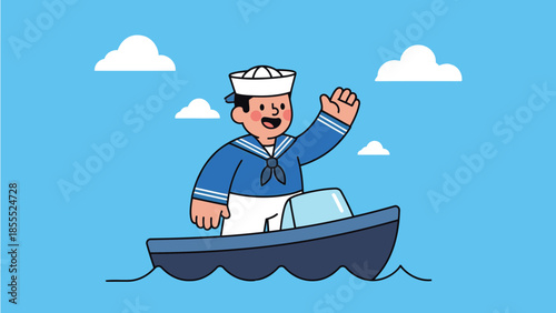 Cheerful sailor waving from a small boat on a calm sea